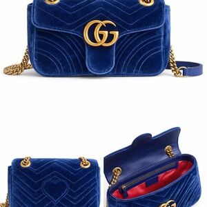 Gucci GG Marmont Mini Velvet Matelassé Bag Blue Gold Hardware Heart Back
